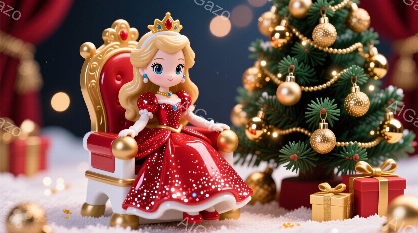 金色の髪をカールさせた少女が、赤いスパンコールが散りばめられた赤いドレスを着て、装飾的な椅子に座っています。彼女は微笑んでおり、背景にはクリスマスツリーとプレゼントボックスが飾られています。全体的に華やかで、おとぎ話のような雰囲気です。