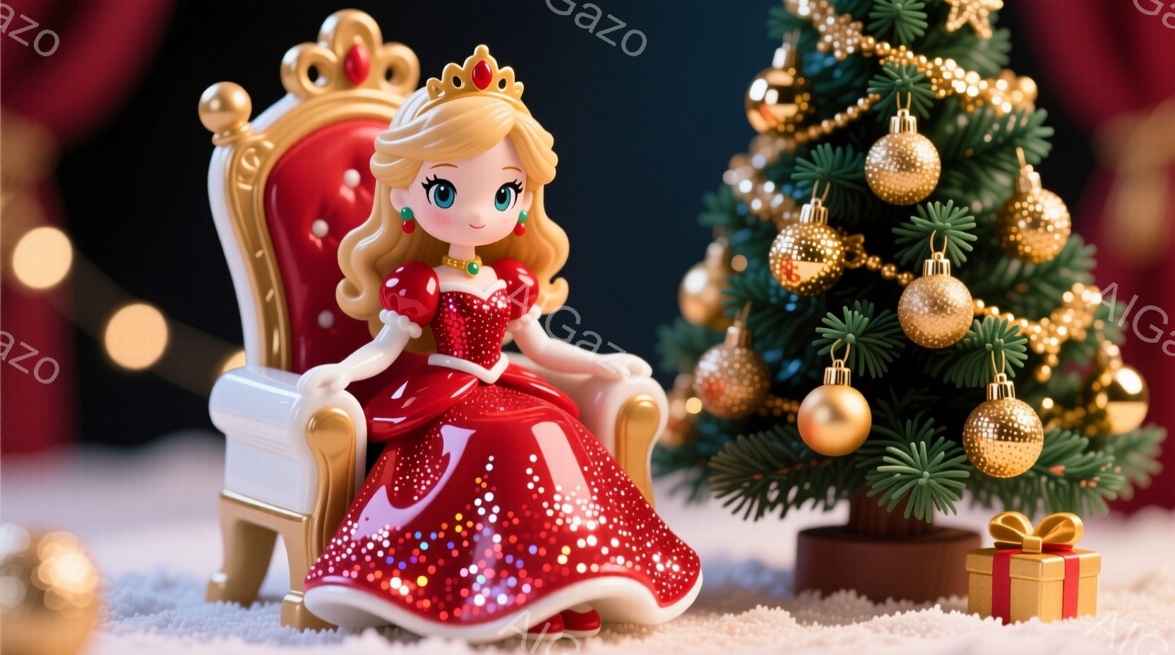 赤いドット柄のドレスと金色の王冠をつけた女性の人形が、白い豪華な椅子に座っています。人形は微笑んでおり、大きな瞳が印象的です。背景にはクリスマスツリーとプレゼントボックスがあり、雪が積もったような白い地面が広がっています。