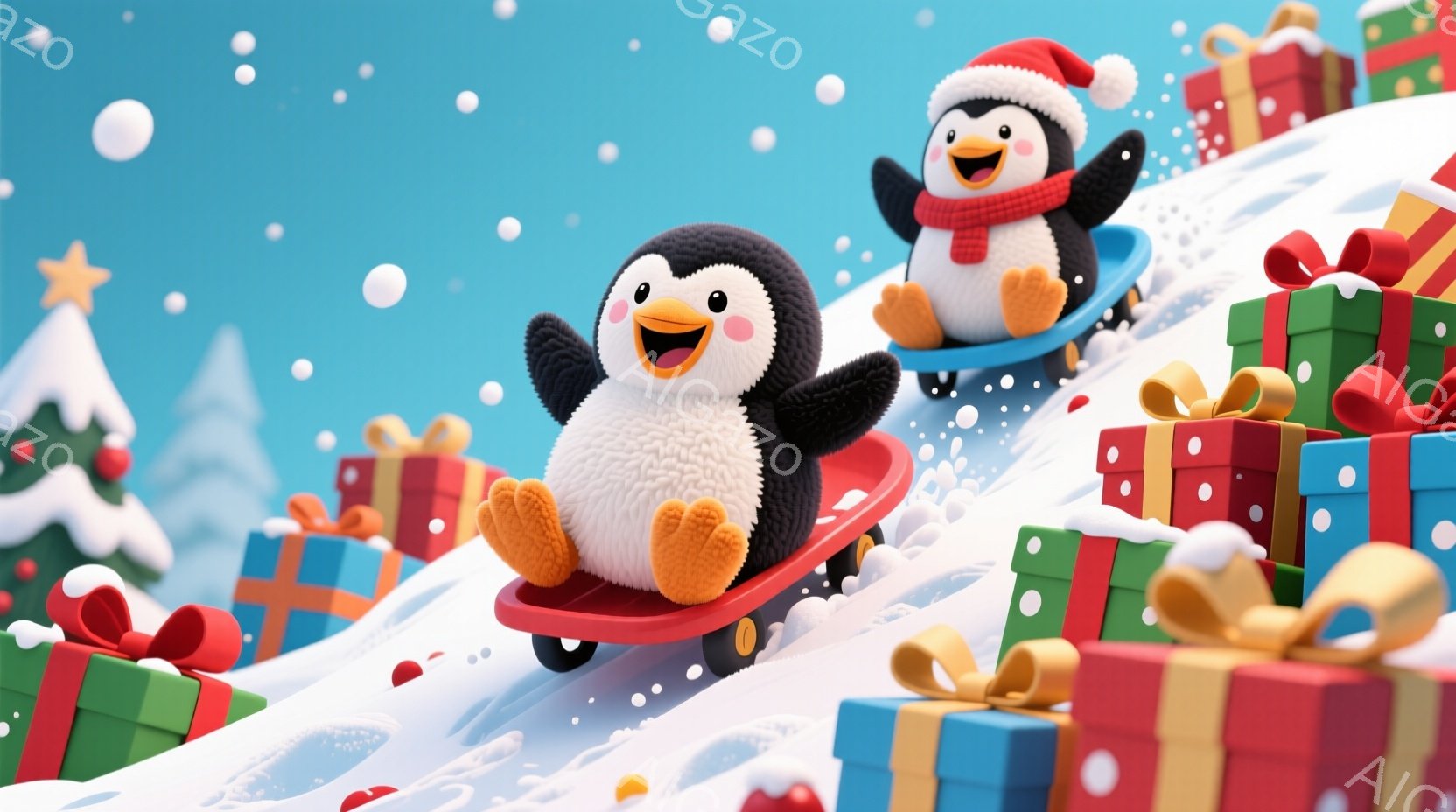 雪の上を滑っているペンギンのイラストです。ペンギンたちは赤いスノーボードに乗って楽しそうに滑っており、それぞれ赤いマフラーを巻いています。背景には雪で覆われた木々と、リボンで飾られたカラフルなプレゼン - AI生成フリー素材