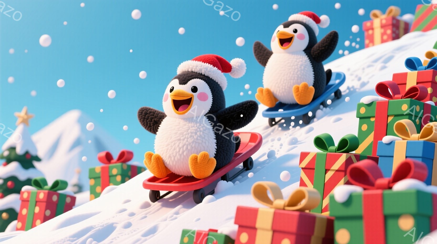 雪の斜面を滑るペンギンのイラストです。ペンギンたちは赤いサンタ帽をかぶり、ボードに乗って楽しそうに滑っており、顔には笑顔が広がっています。背景にはカラフルなプレゼントボックスと雪景色が広がり、暖かく楽 - AI生成フリー素材