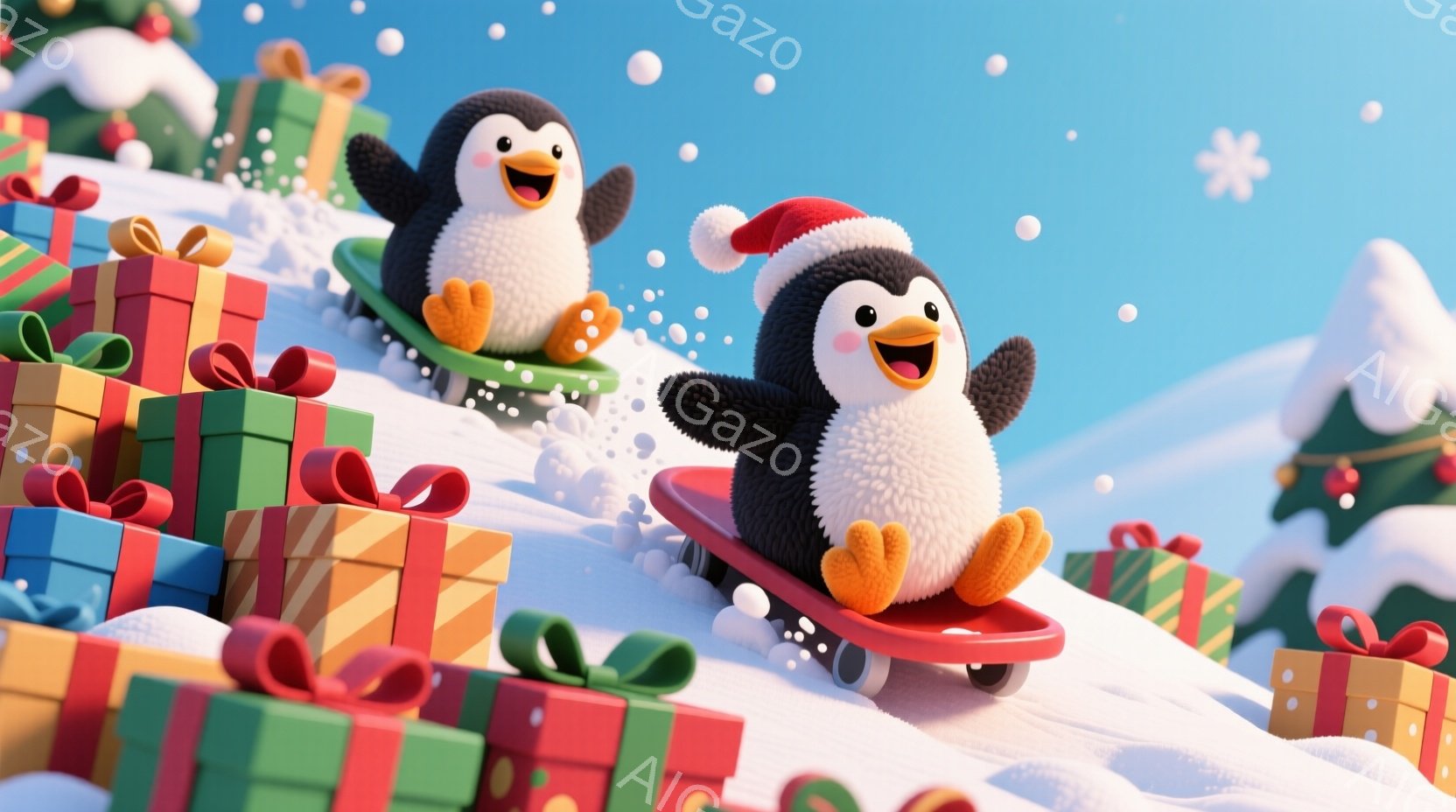 白い雪の上にカラフルなプレゼントボックスが積み重なり、その上をサンタ帽をかぶったペンギンたちが赤いソリに乗って滑り降りています。ペンギンたちは笑顔で、楽しそうに両手を広げています。背景には雪景色と緑のクリスマスツリーが見え、全体的に暖かく、お祝いムード満点の雰囲気です。