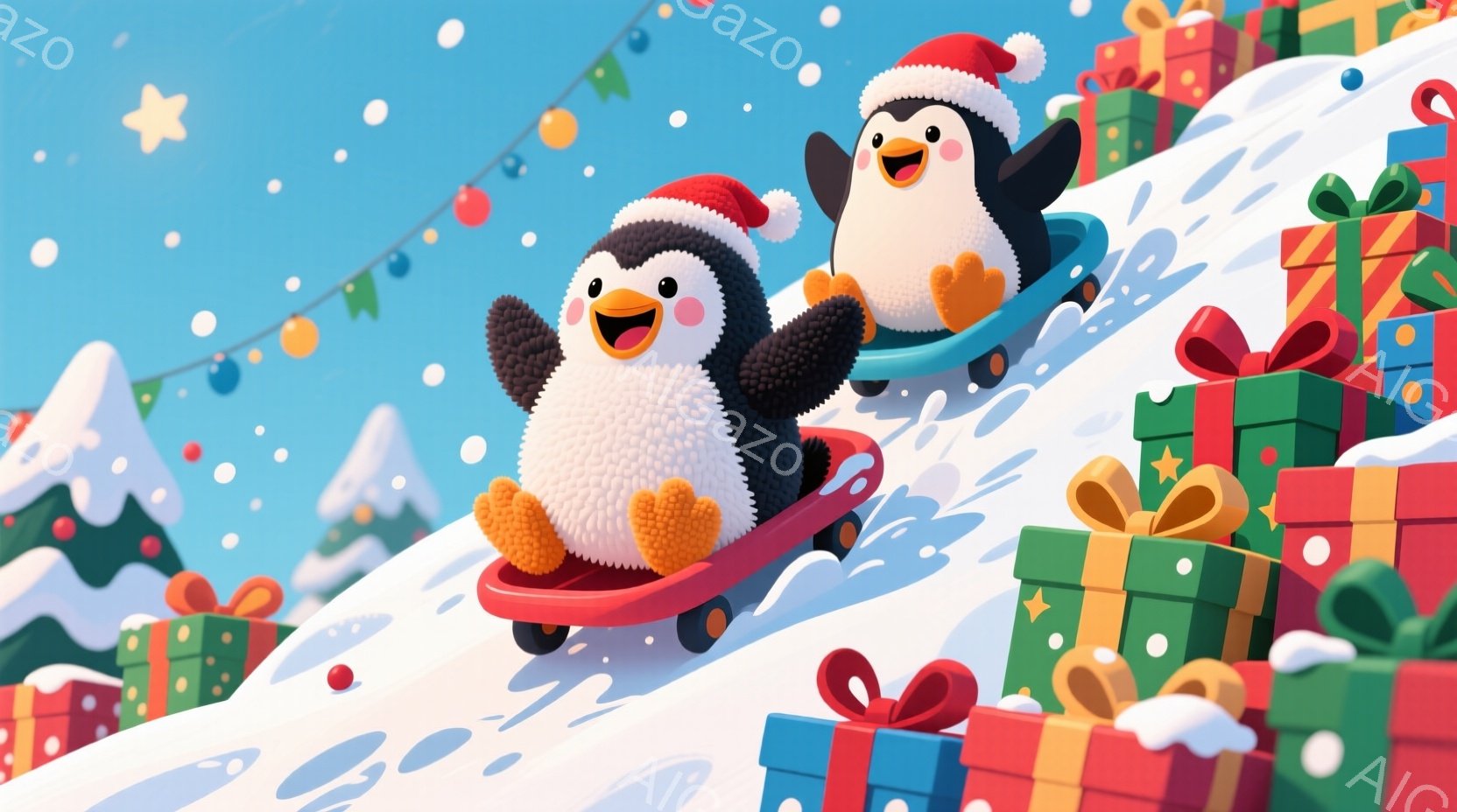 雪の上をそり滑りしているペンギンのイラストが描かれています。ペンギンたちは赤いサンタ帽をかぶり、楽しそうな表情で、オレンジ色の足とくちばしが特徴的です。背景には、クリスマスプレゼントの箱や雪の積もった木々が描かれており、雪片が舞う冬の祝祭の雰囲気が漂っています。