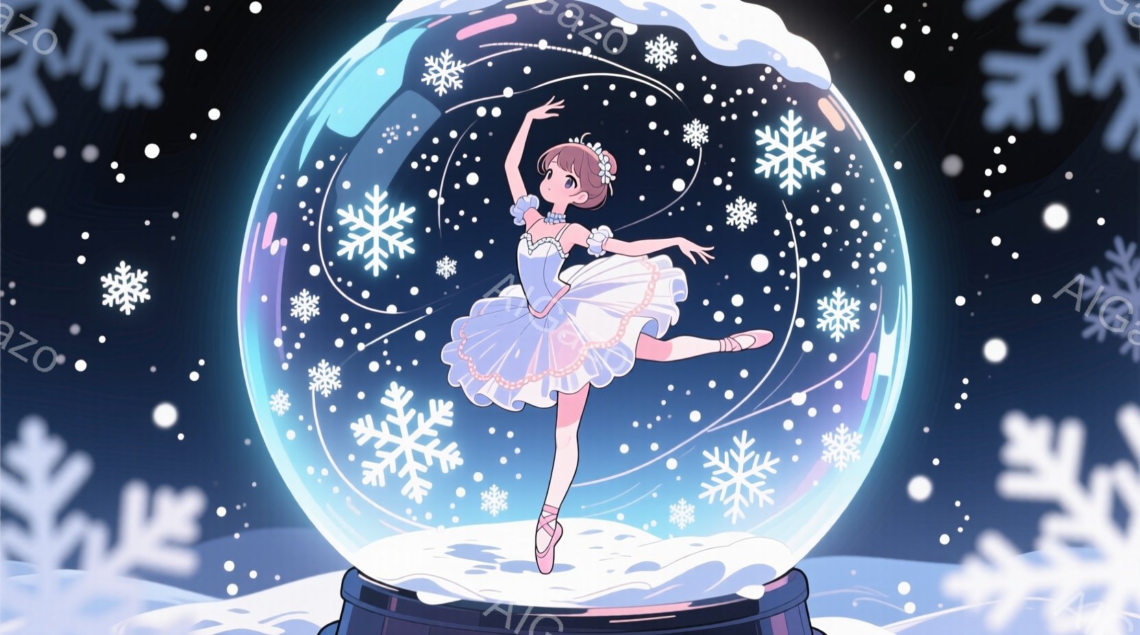 バレリーナが雪の結晶が舞うガラスのドームの中にいます。彼女は薄いピンク色のチュールスカートと白いトップスを着ており、足元には赤いバレエシューズを履いています。優雅なポーズで片足を上げ、踊っている最中の姿は、優美で幻想的な雰囲気を醸し出しています。