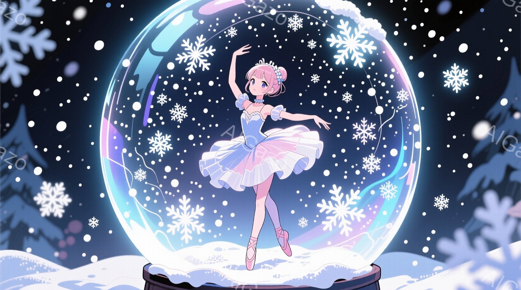 雪が舞う背景の中に、ガラスの球体の中にバレリーナの少女が描かれています。彼女は薄紫色の衣装を身につけ、白くふんわりとしたチュールスカートを履き、つま先立ちで優雅なポーズをとっています。少女は微笑んでおり、全体的に幻想的で温かい雰囲気が漂っています。