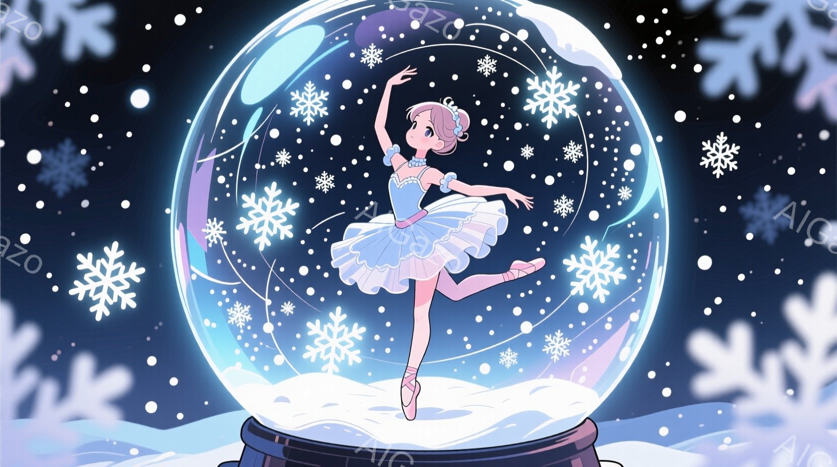 少女は雪の結晶が舞うガラスの球体の中に、バレリーナとしてポーズをとっています。淡い水色のチュールスカートと、白いリボンで飾られたトップスを着ており、金髪をシニヨンにまとっています。球体の下には黒い台座があり、背景には雪景色が広がっています。
