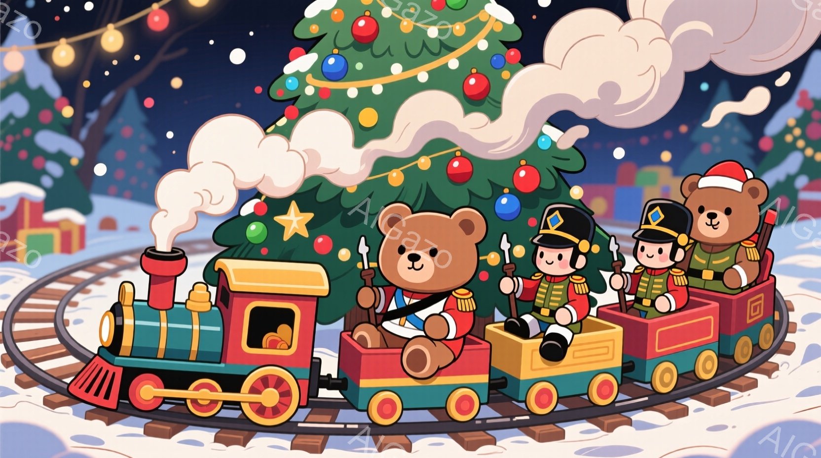 クマのキャラクターたちが、クリスマスツリーを背景に列車に乗っている様子が描かれています。彼らはそれぞれ兵士風の制服を着ており、帽子をかぶっています。背景には雪景色と、点灯されたクリスマスライトが見え、 - AI生成フリー素材