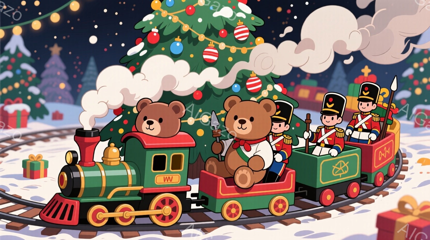 緑色の蒸気機関車に乗ったクマたちが描かれています。一匹は運転手のように帽子をかぶり、もう一匹は蝶ネクタイをした上品な服装をしています。背景には、クリスマスツリーや雪景色、プレゼントボックスがあり、暖か - AI生成フリー素材