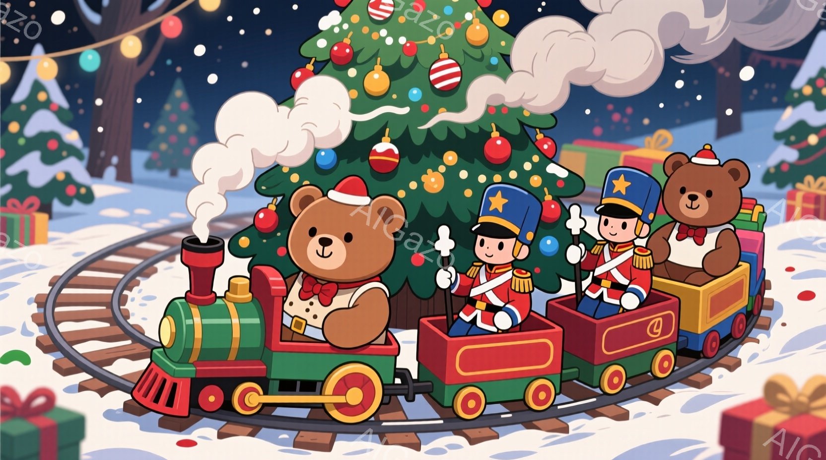 クリスマスをテーマにしたイラストで、蒸気機関車に乗ったクマと兵隊の男の子たちが描かれています。クマはエンジニア風の帽子と赤いバンダナをつけ、運転席に座り、兵隊の男の子たちは赤い制服を着て、列車の中で手を振っています。背景にはクリスマスツリーやプレゼント箱、雪景色が広がり、暖かく楽しい雰囲気が漂っています。
