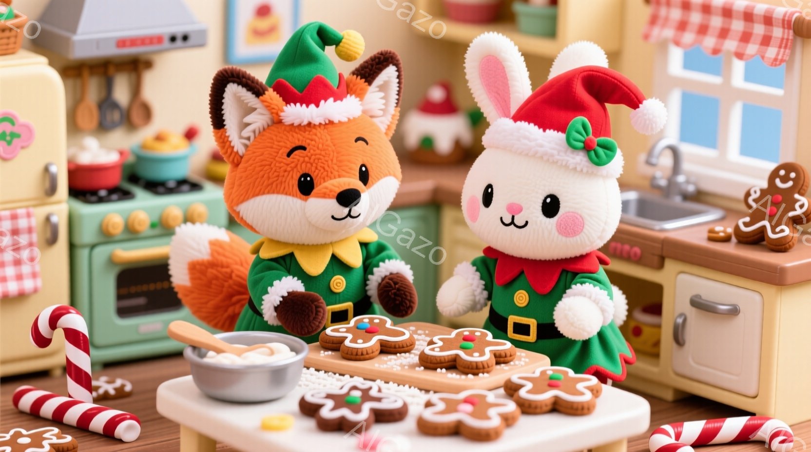 鮮やかな緑色のエルフの衣装を着た、ふわふわのキツネとウサギが、クッキーをデコレーションしています。二匹とも赤い帽子を被り、楽しそうな表情でクッキーにアイシングを塗っています。背景には、可愛らしいキッチンのセットがあり、クリスマスらしい雰囲気で、暖かく幸せな気分になります。