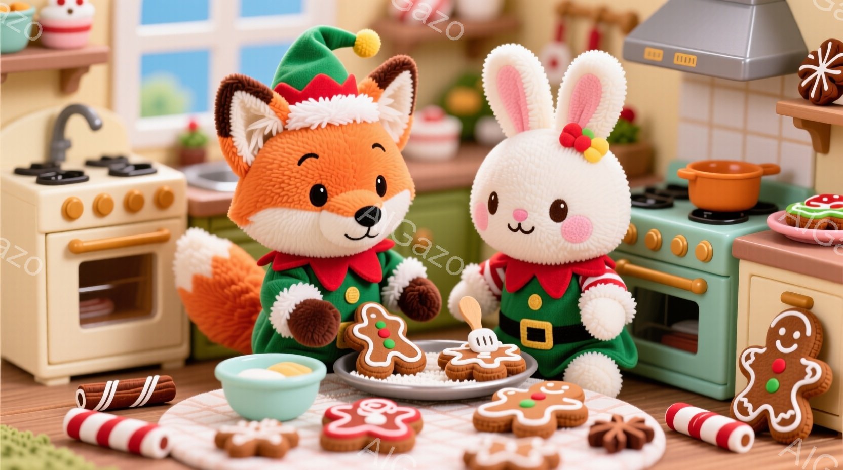キツネとウサギのぬいぐるみが、クリスマス風のキッチンでクッキーをデコレーションしています。彼らは緑色のエルフの衣装を着ており、キツネはアイシングを塗り、ウサギはクッキーを手に持っています。背景には、オーブンやクリスマスオーナメントがあり、暖かく楽しいクリスマスの雰囲気が漂っています。