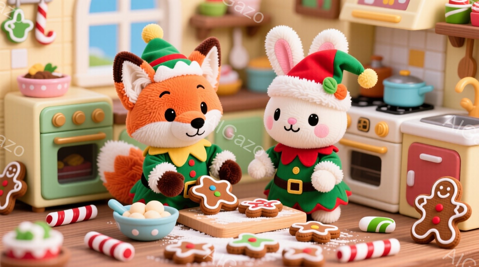 キツネとウサギの2匹が、クリスマスのクッキー作りに夢中です。緑色のエルフ風の服を着ており、キツネは茶色の毛並み、ウサギは白い毛並みで、可愛らしい表情をしています。背景には、ミニチュアのキッチンと色とりどりのクリスマスのお菓子が並び、温かく幸せなクリスマスの雰囲気が漂っています。