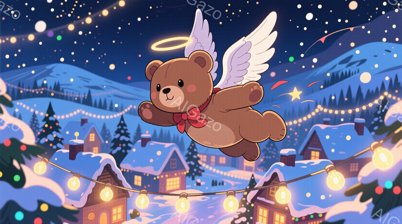 茶色のテディベアが翼と赤いリボンをつけて空を飛んでいます。背景には、雪で覆われた屋根の家々が並び、暖かい光が灯っています。全体的に、星空と雪が舞う冬の夜の、暖かく幻想的な雰囲気です。 - AI生成フリー素材