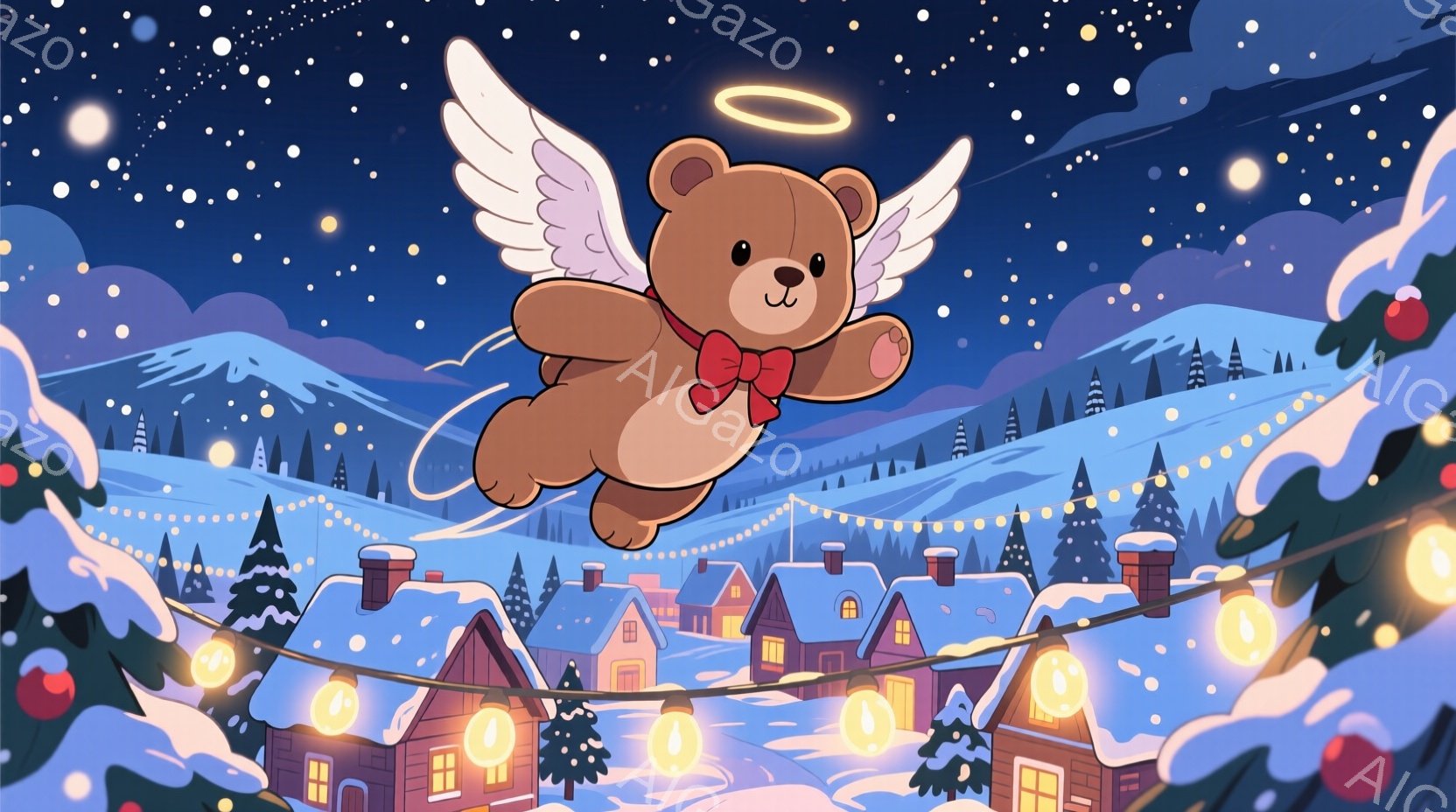 雪景色の中に、赤いリボンを付けた茶色のテディベアが翼を広げて飛んでいる。背景には、イルミネーションで飾られた可愛らしい家々が並び、雪が舞っている。全体的に温かく、幻想的な冬の雰囲気を感じさせるイラスト - AI生成フリー素材