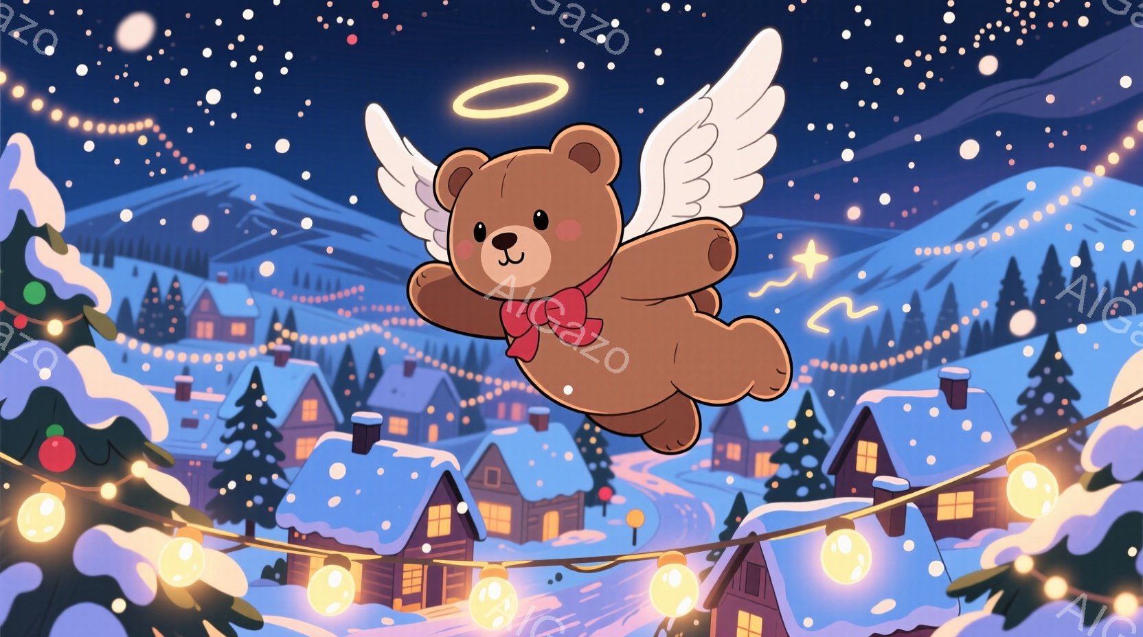 茶色いテディベアが翼を広げ、赤いリボンを首に巻き、雪が降るクリスマスの町の上を飛んでいます。背景には、雪で覆われた屋根の家々、松の木、そして輝く電飾が並び、冬の暖かい雰囲気を醸し出しています。全体的に、夢のような、お祝いムードいっぱいのイラストです。
