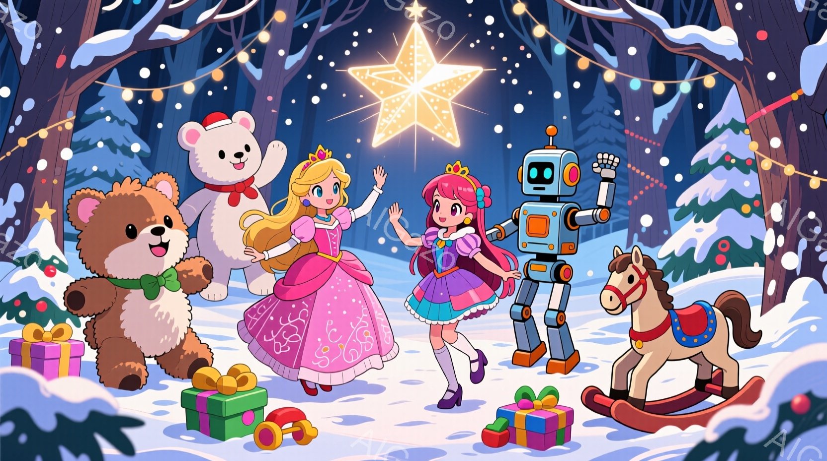 ピンク色のドレスを着た少女、テディベア、ロボット、ロッキングホースが雪景色の中で描かれています。少女は金髪の巻き毛で、両手を上げて楽しそうに微笑んでいます。背景には雪に覆われた木々と、輝く星が描かれて - AI生成フリー素材