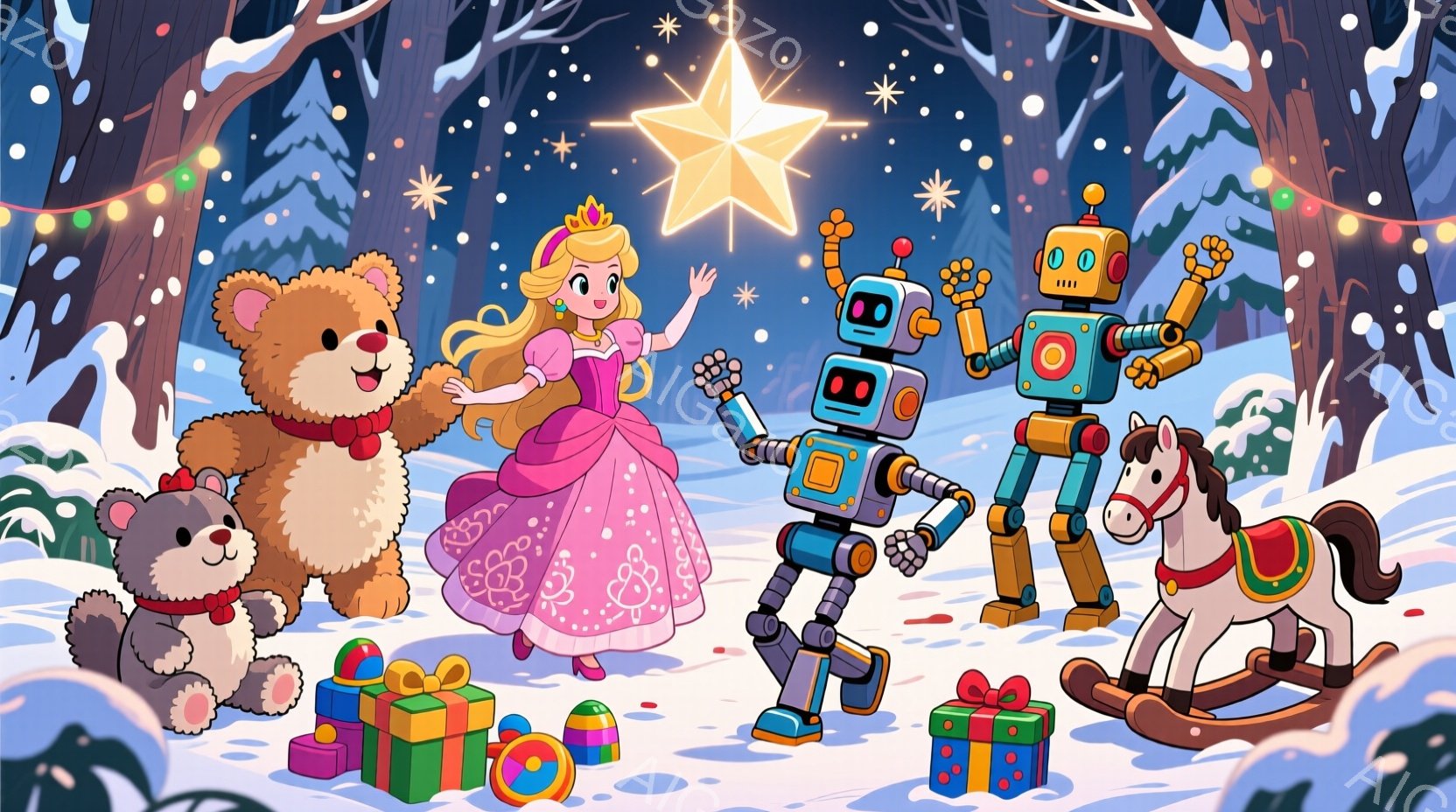 ピンク色のドレスを着た少女が、大きなテディベアとロボットに囲まれて立っています。背景には雪景色と木々が見え、空には星が輝き、プレゼントや木馬が置かれています。全体的に暖かく、お祝いムードに満ちた雰囲気 - AI生成フリー素材