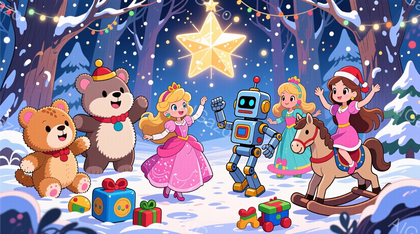 雪が降り積もる森の中で、ピンクのドレスを着た女の子が揺れるロッキングホースに乗り、楽しそうに微笑んでいます。隣には、赤い服を着たテディベアとロボットがおり、ピンクのドレスを着たもう一人の女の子は両手を - AI生成フリー素材