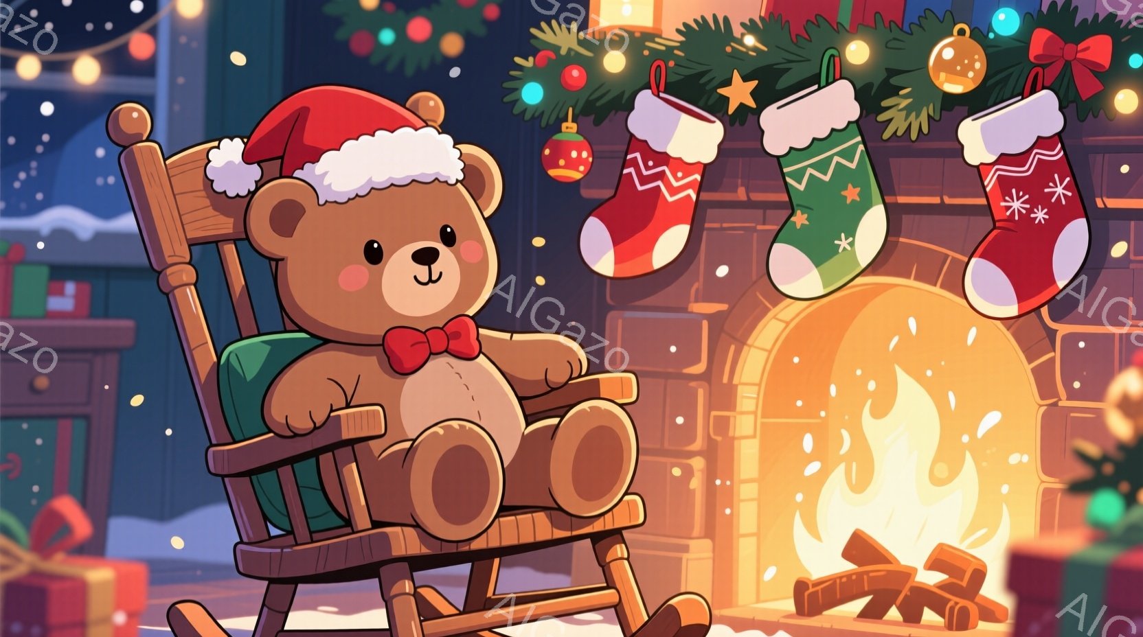 暖炉の前でリラックスしたクマのぬいぐるみです。赤いサンタ帽と赤いリボンをつけて、ロッキングチェアに座ってくつろいでいます。背景には、クリスマスリース、靴下、暖炉の火があり、雪が降る冬の暖かい雰囲気が漂 - AI生成フリー素材