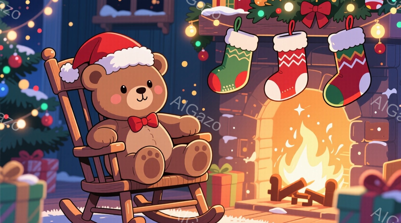 暖炉の前に揺り椅子に座ったテディベアが描かれています。赤いサンタ帽をかぶり、赤いリボンをつけてリラックスした表情をしています。背景にはクリスマスツリーやプレゼント、暖炉の上に飾られたクリスマスストッキングがあり、暖かく、居心地の良いクリスマスの雰囲気が漂っています。