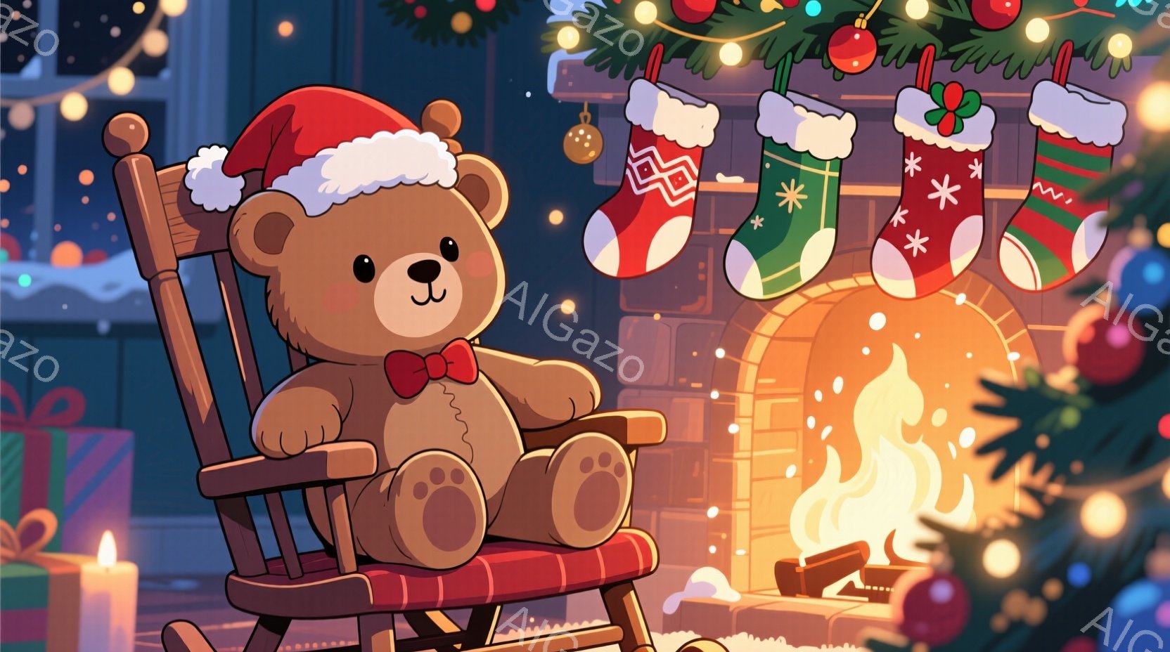 暖炉の前にロッキングチェアに座ったテディベアが描かれています。赤いサンタの帽子とリボンを身に着け、リラックスした表情を浮かべています。背景にはクリスマスツリー、プレゼント、そして暖炉の炎が暖かな雰囲気 - AI生成フリー素材