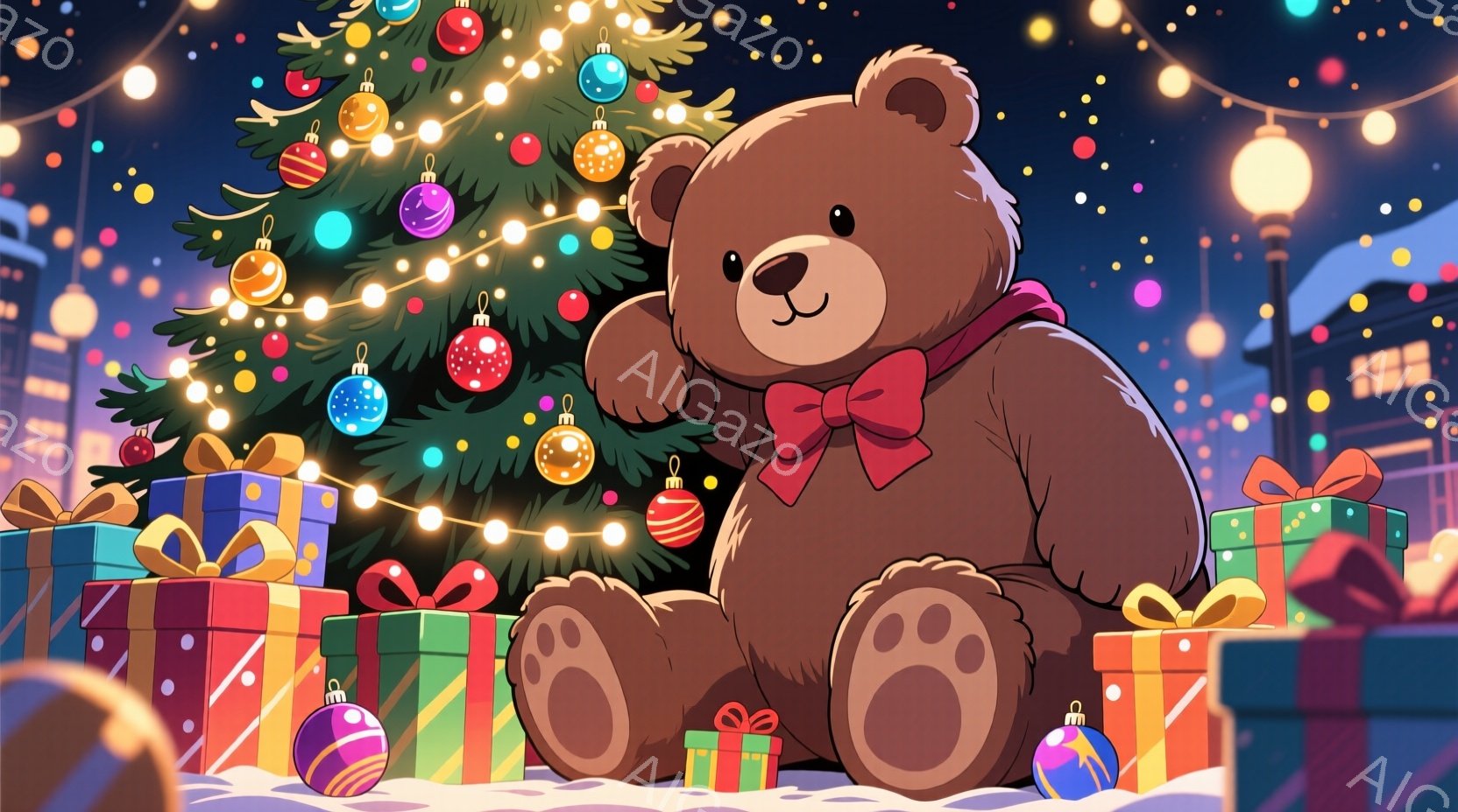大きなテディベアが雪の上に座っており、赤いリボンをつけている。背景には、色とりどりのオーナメントで飾られたクリスマスツリーと、プレゼントの箱が散らばっている。街並みがぼんやりと見え、雪が降っており、全 - AI生成フリー素材