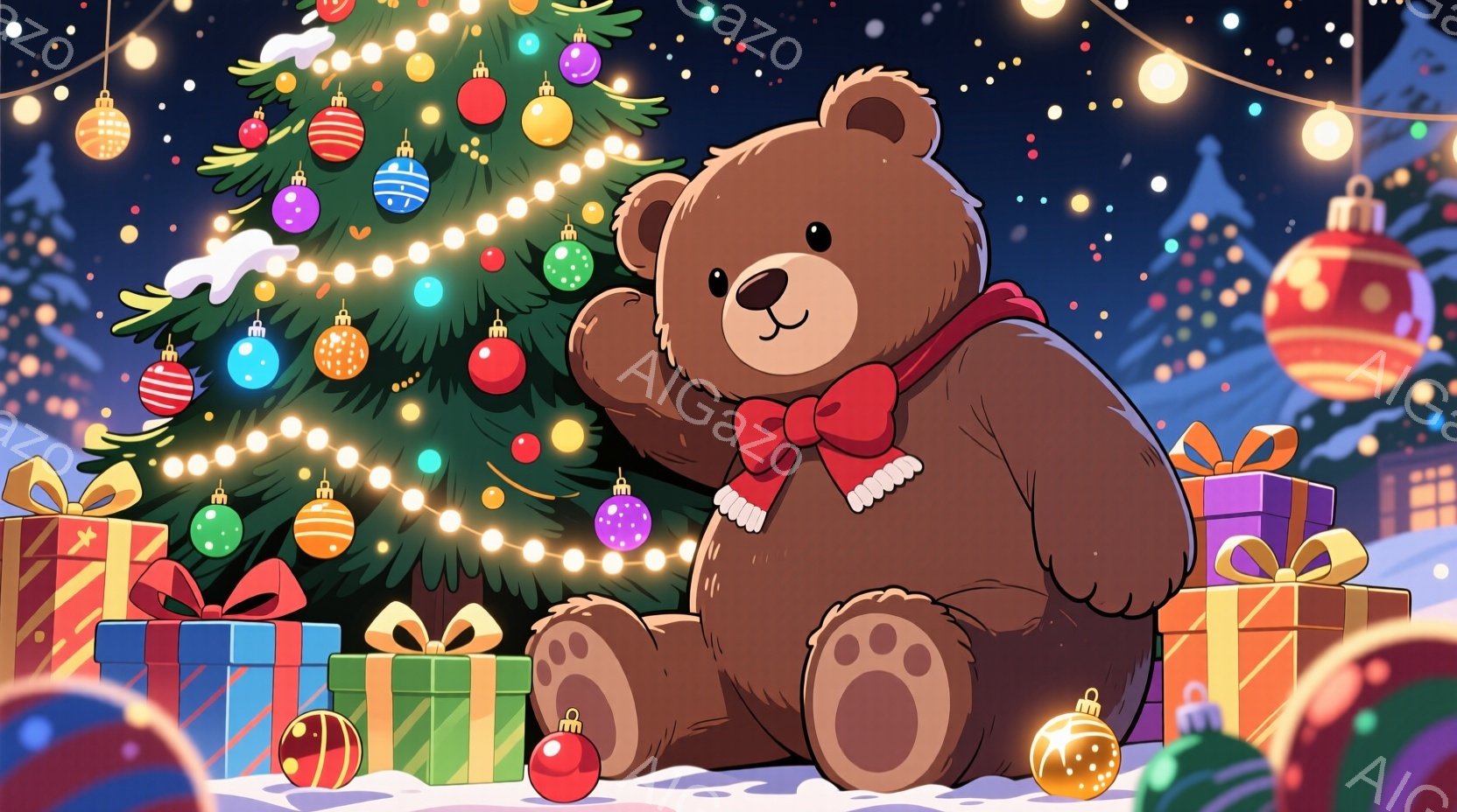 茶色のテディベアが、赤いリボンをつけて雪の上に座っています。周りにはカラフルなプレゼントが置かれ、背景には飾り付けられたクリスマスツリーが輝いています。雪が舞い散り、温かく、お祝いの雰囲気が漂う、幸せ - AI生成フリー素材
