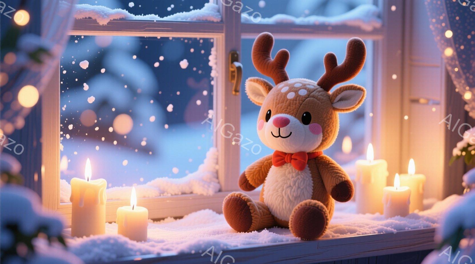 窓辺に置かれた茶色の毛並みのトナカイのぬいぐるみは、赤いリボンで可愛らしく飾られています。背景には雪が降る夜の風景が広がり、窓枠にはいくつかのキャンドルが灯され、暖かく幻想的な雰囲気を醸し出しています - AI生成フリー素材