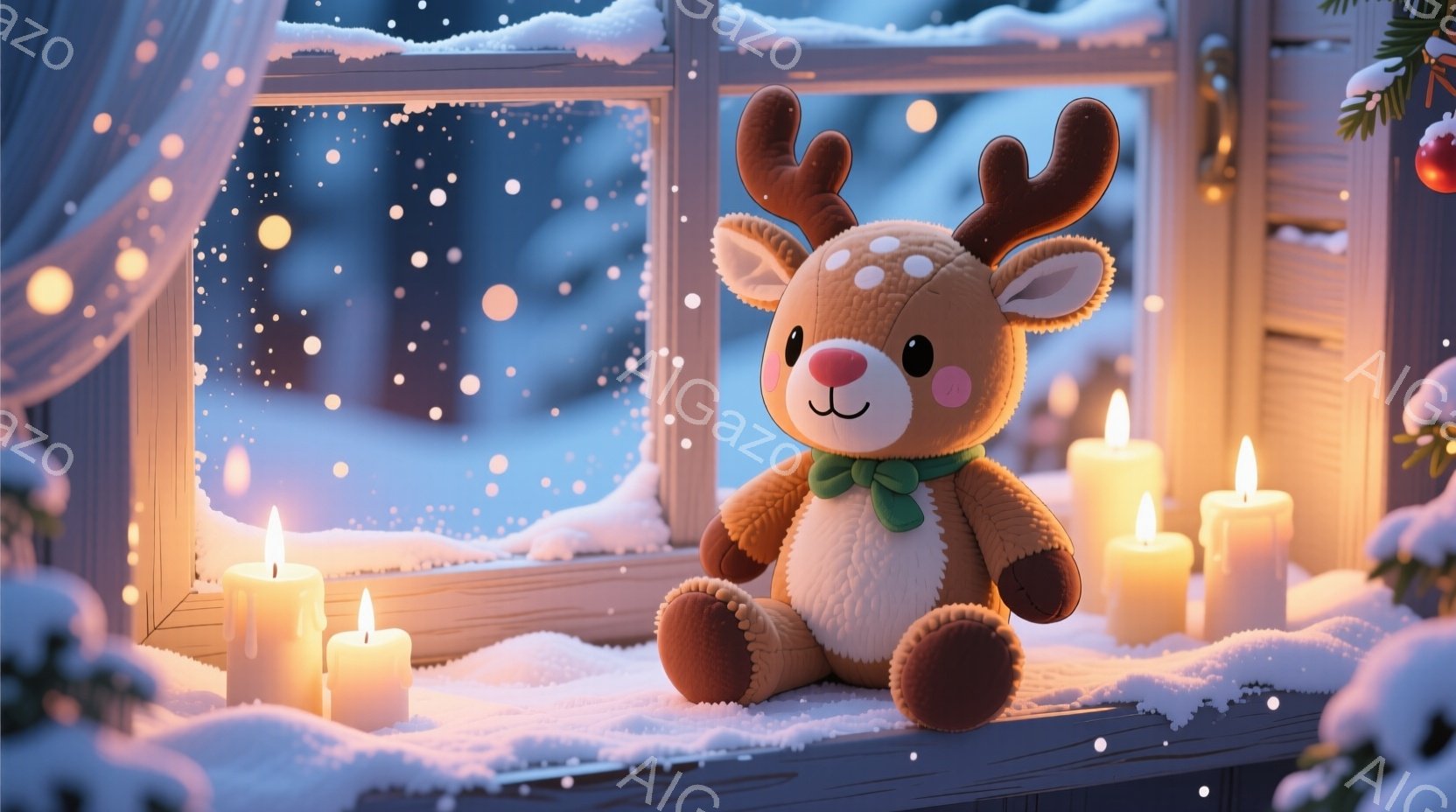 暖炉の窓枠に、ふわふわの茶色のトナカイのぬいぐるみがお座りになっています。緑色のリボンで首元が飾られ、愛らしい表情を浮かべています。背景には雪景色が広がり、窓枠の周りには白いキャンドルが灯り、暖かく幻 - AI生成フリー素材