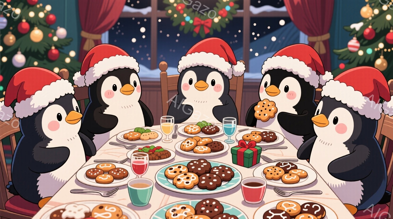 5羽のペンギンがクリスマスの帽子をかぶり、テーブルを囲んで食事を楽しんでいます。テーブルにはクッキーや飲み物、プレゼントが並び、背景にはクリスマスツリーと雪景色が見えます。全体的に暖かく、お祝いムード - AI生成フリー素材