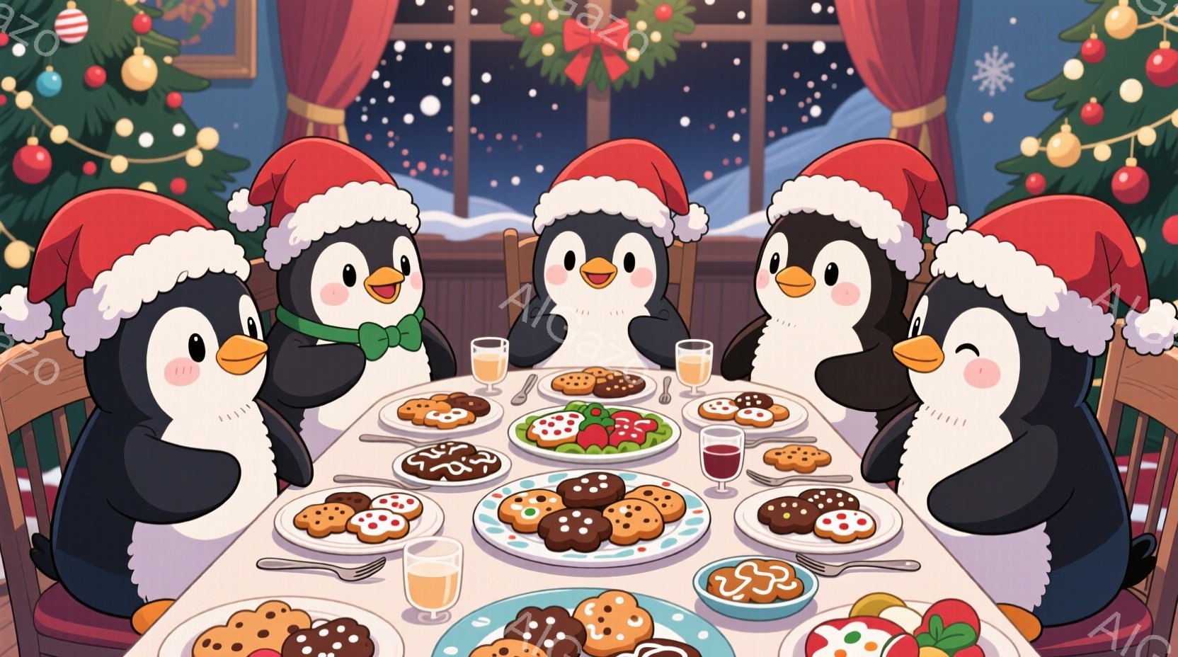 5羽のペンギンたちがクリスマスの飾り付けがされた部屋で円卓を囲み、食事を楽しんでいます。ペンギンたちはそれぞれ赤いサンタの帽子を被っており、中央のペンギンは緑のリボンで首を飾っています。窓の外は雪景色で、部屋全体が温かく、お祝いムードに包まれています。