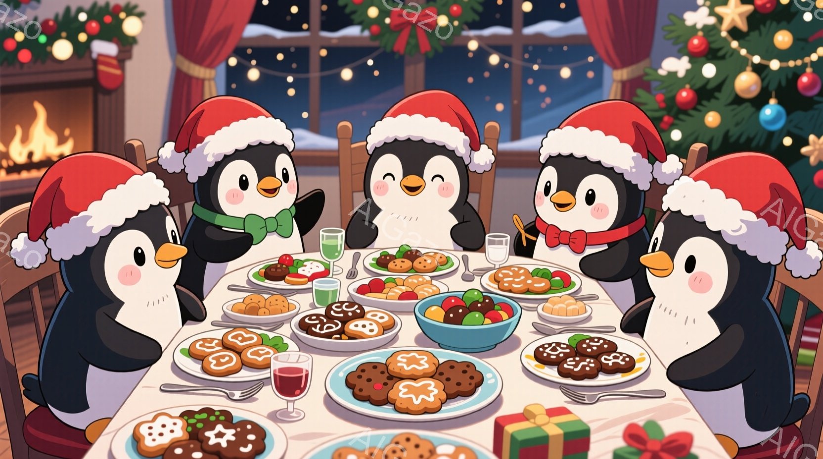 クリスマスを祝うペンギンの家族が描かれています。彼らは赤いサンタの帽子をかぶり、テーブルを囲んで食事を楽しんでいます。背景にはクリスマスツリーと暖炉があり、雪が降る冬の夜の温かくお祝いムードが漂ってい - AI生成フリー素材