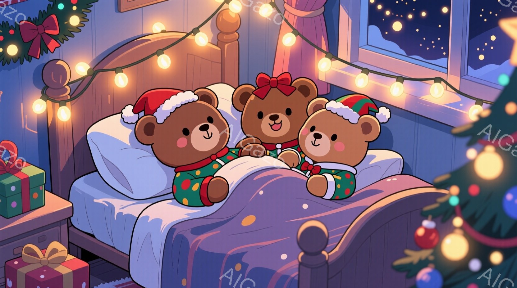 暖炉のそばのベッドに、クリスマスツリーの飾り付けを施した３匹のテディベアが横たわっています。それぞれ赤いサンタ帽をかぶり、緑と赤のパジャマ姿で、にっこりと微笑んでいます。背景には、クリスマスオーナメン - AI生成フリー素材