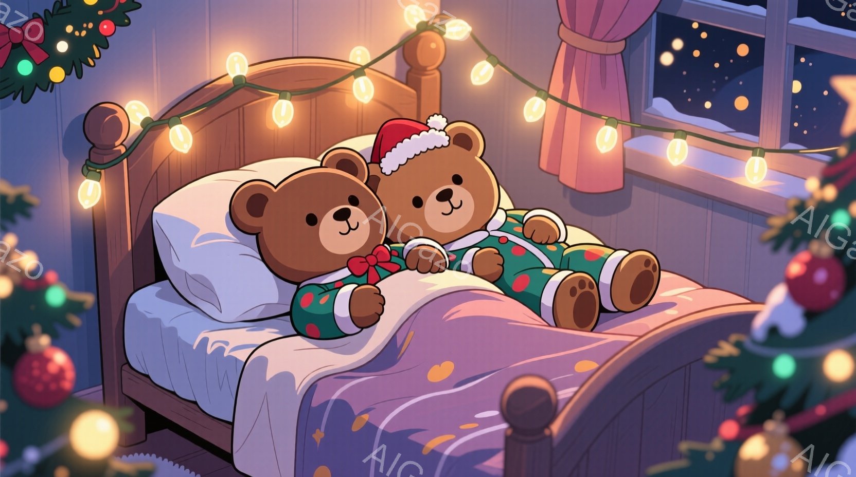 暖炉のそばに置かれたベッドに、クリスマスの衣装を着た2匹のテディベアが横たわっています。片方のクマは赤いサンタ帽をかぶり、もう一方のクマは緑色のパジャマを着ています。背景にはクリスマスツリーの飾りと、 - AI生成フリー素材