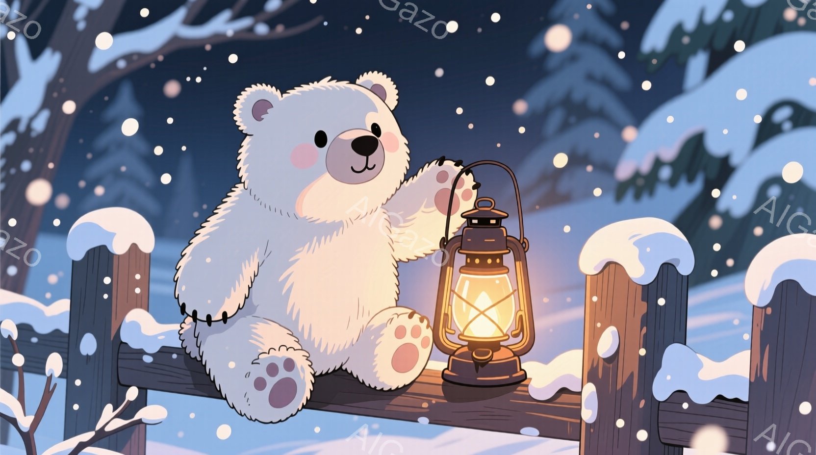 白い熊が木製の柵にもたれて、灯りを灯したランタンを持っています。背景は雪が降り積もる冬の森で、雪のついた木々と暗い空が広がっています。全体的に温かく、穏やかな雰囲気で、冬の夜の静けさが感じられます。