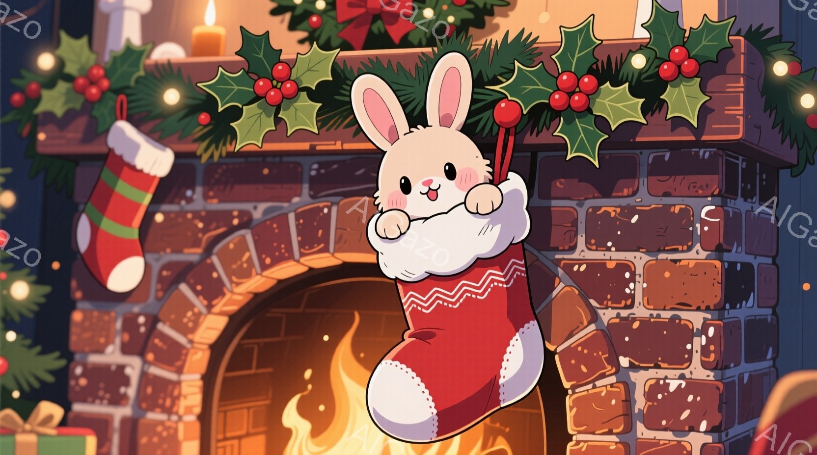 白い毛並みのウサギが赤いクリスマスストッキングから顔を出しており、幸せそうな表情を浮かべています。背景にはレンガ造りの暖炉と、クリスマスリースやキャンドルなどの装飾が施され、温かく幻想的な雰囲気を醸し出しています。暖炉の中では炎が燃え盛り、クリスマスの温もりを感じさせます。