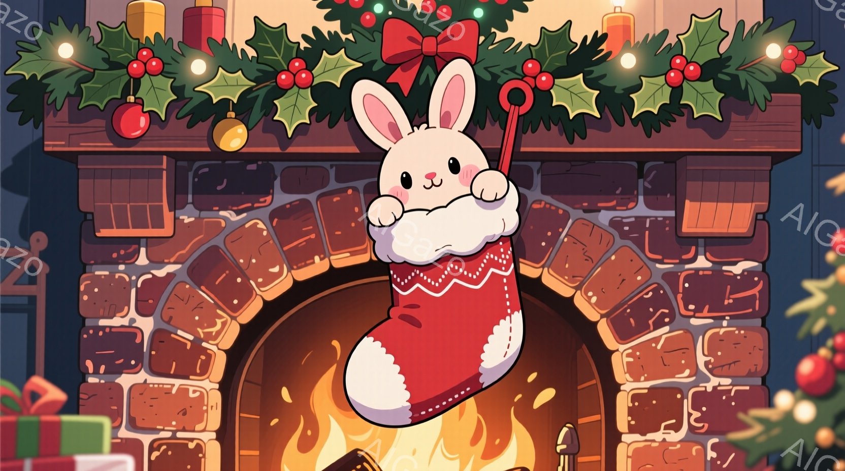 白いウサギが赤いクリスマスストッキングの中にちょこんと座っており、少し恥ずかしそうな表情をしています。背景にはレンガ造りの暖炉があり、中では炎が燃え盛り、ストッキングの上にはクリスマスツリーの飾りやプレゼントが置かれています。全体的に暖かく、クリスマスの雰囲気満載で、ほっこりとした気分になるイラストです。