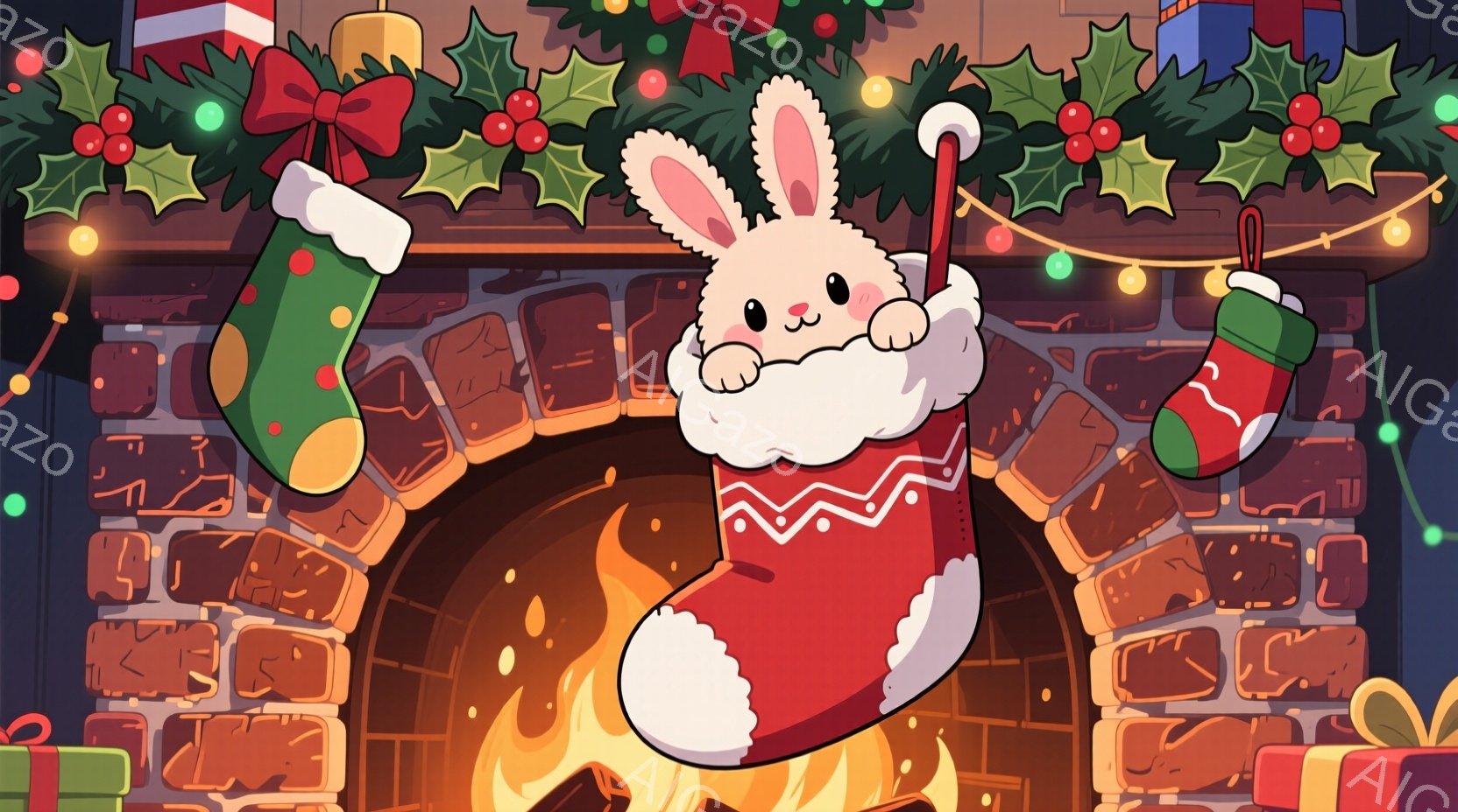 白いウサギがクリスマスストッキングから顔を出しており、赤い縁取りのセーターを着ています。暖炉の炎が暖かく灯り、背景にはクリスマスツリーとプレゼントが飾られています。全体的に温かく、お祝いムードにあふれ - AI生成フリー素材
