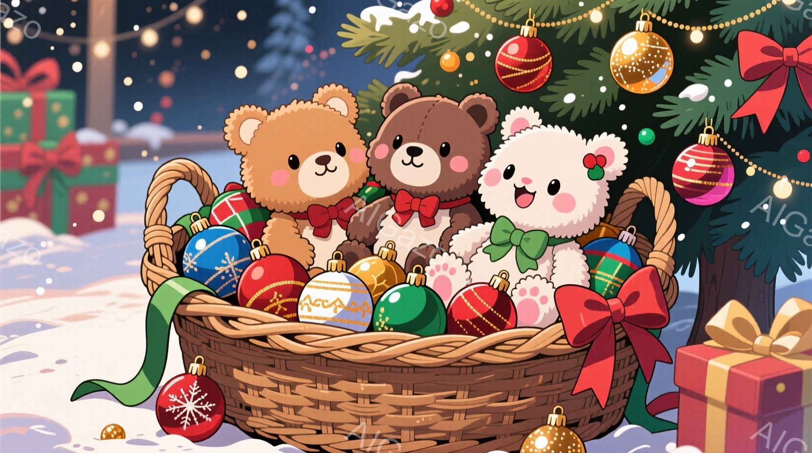 可愛らしいクマのぬいぐるみたちが、クリスマスツリーのオーナメントやプレゼントに囲まれたバスケットの中に座っています。 それぞれ赤や緑のリボンを付け、楽しそうな表情を浮かべており、背景には雪が降るクリス - AI生成フリー素材