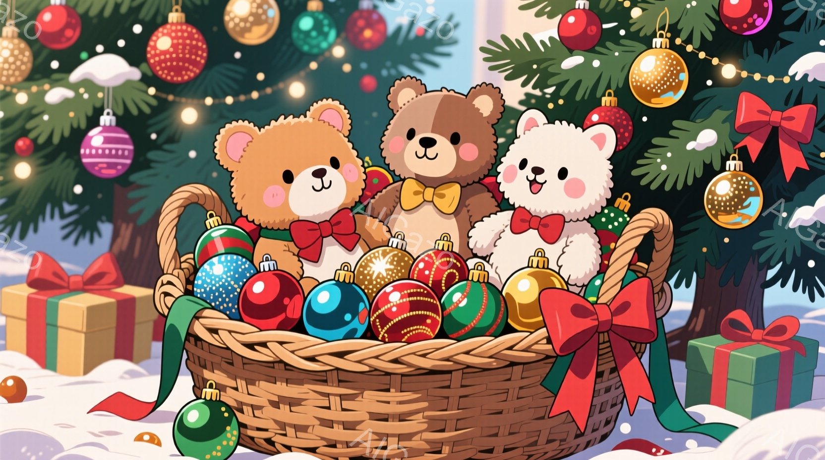 籠の中に、リボンを付けた可愛らしいクマのぬいぐるみが三匹座っています。クマたちはそれぞれ異なる色のリボンと毛並みを持っており、楽しそうな表情をしています。背景にはクリスマスツリーやプレゼント、雪景色が - AI生成フリー素材