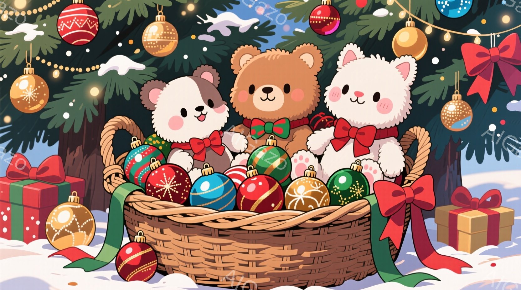 籠の中に可愛らしいクマの家族が並んでいます。それぞれ赤いリボンを付けた可愛らしい服装をしています。背景にはクリスマスツリー、プレゼント、そして雪景色が広がり、温かく幸せなクリスマスの雰囲気が漂っていま - AI生成フリー素材