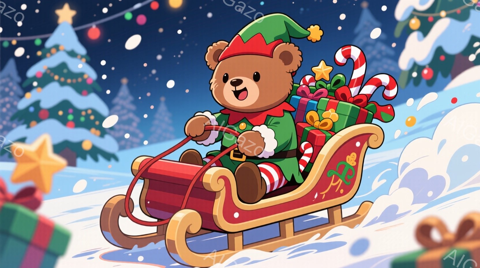 熊のキャラクターが、クリスマスのソリを運転しています。緑色の帽子と赤いジャケットを着ており、嬉しそうな表情をしています。背景には雪景色とクリスマスツリーが描かれ、明るく楽しいクリスマスの雰囲気が漂って - AI生成フリー素材