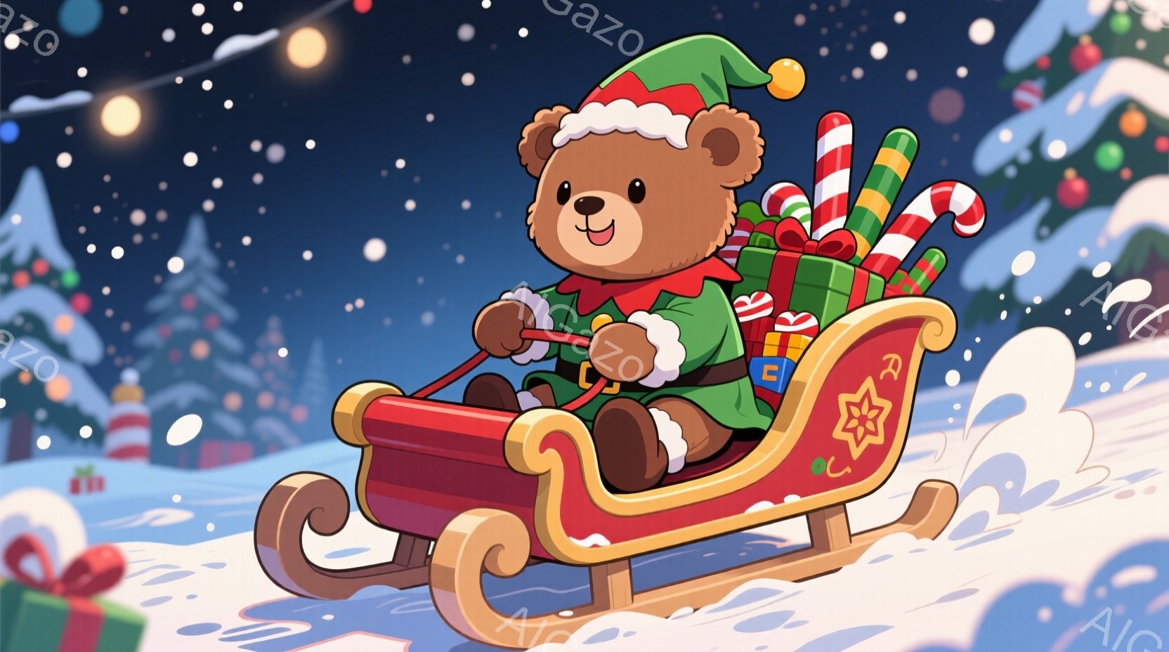 暖炉のそばに座っているクマのぬいぐるみは、緑色のエルフの衣装を着て、赤いサンタ帽をかぶっています。クマはソリに座り、プレゼントの山を引っ張って、楽しそうに雪の中を滑っています。背景には雪景色が広がり、 - AI生成フリー素材