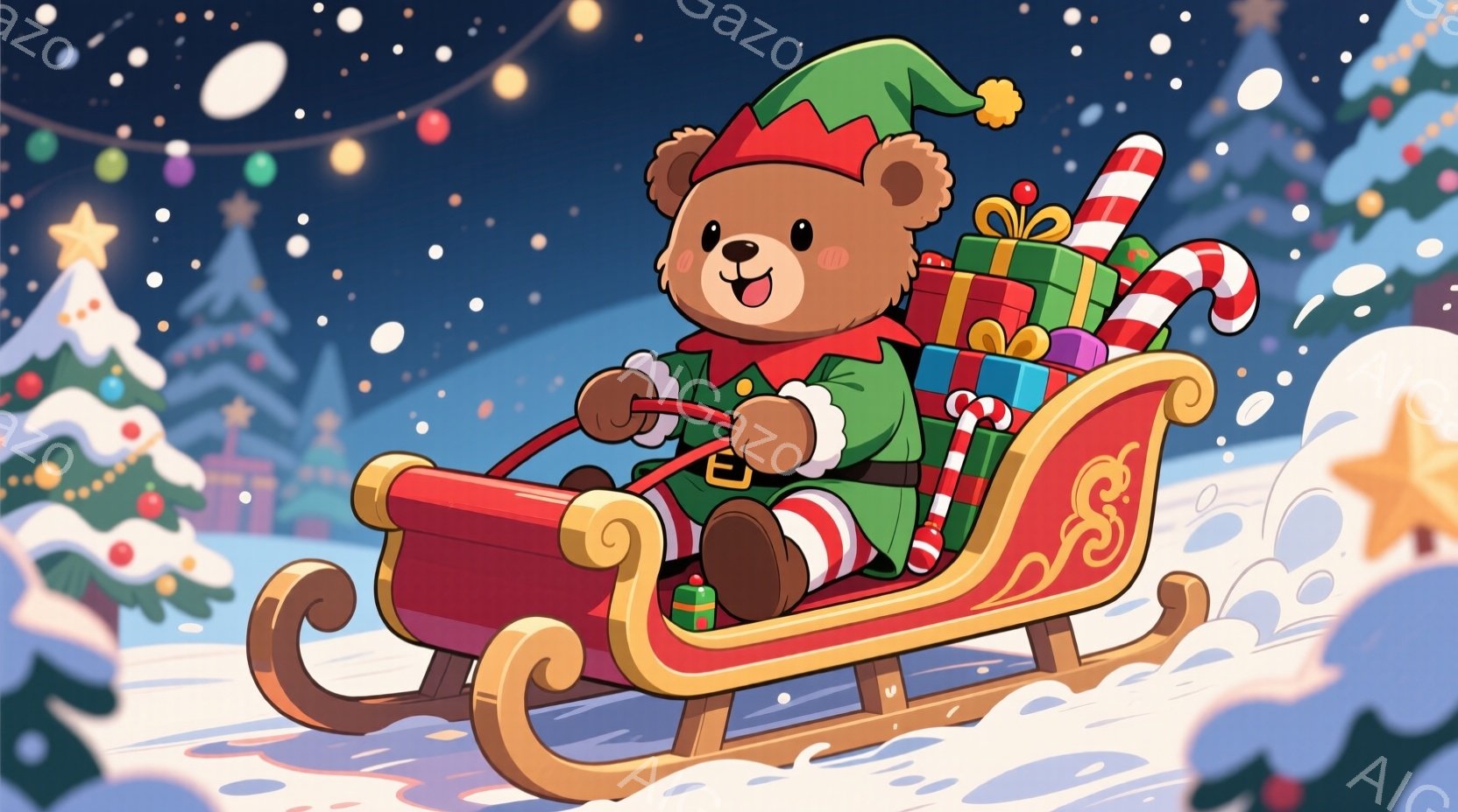 茶色のテディベアが、クリスマスのソリを運転しています。緑色のエルフの帽子と赤いトリムのクリスマスの衣装を着ており、幸せそうに微笑んでいます。背景には雪景色とクリスマスの飾り付けがされた木々があり、雪が舞い散る夜の暖かく楽しい雰囲気が漂っています。