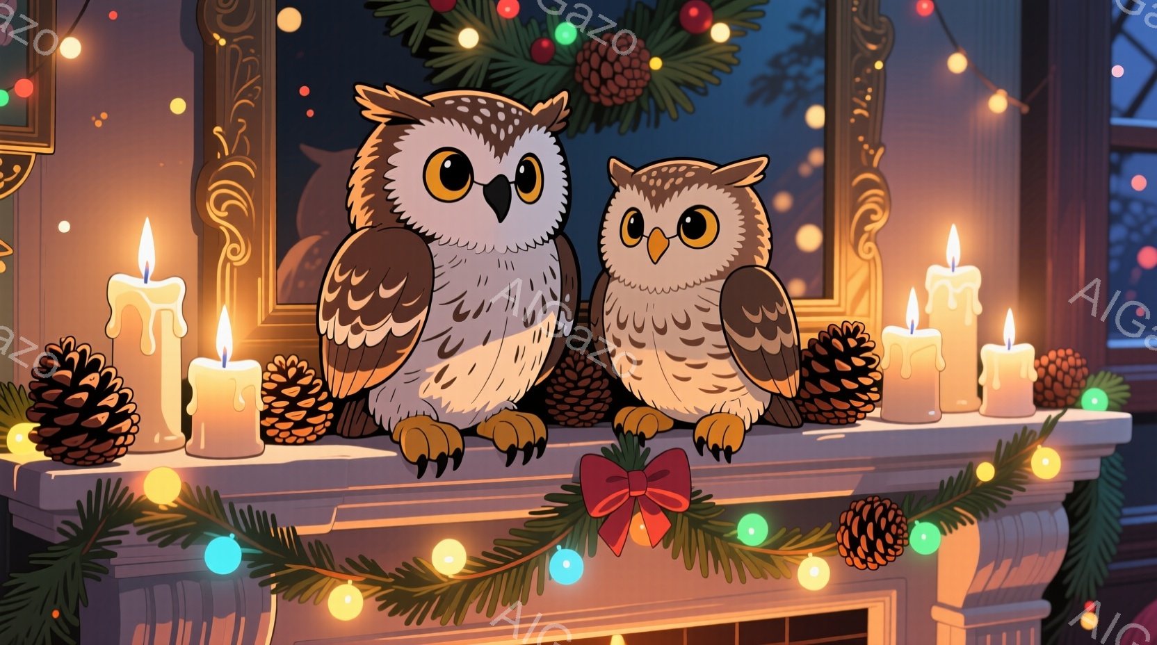 暖炉の上に二羽のフクロウが並んで座っており、クリスマスの飾り付けが施されている。フクロウは丸い目をしており、愛らしい表情をしている。背景には、クリスマスツリーの飾りや点灯されたキャンドルがあり、温かく - AI生成フリー素材