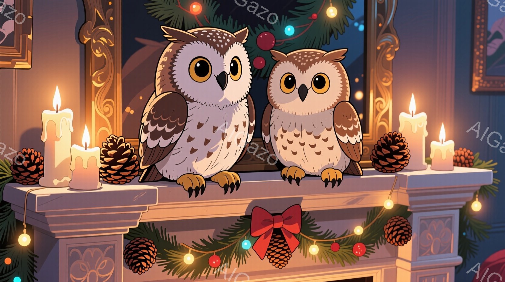 暖炉の上に2羽のフクロウが並んで座っており、クリスマスの飾り付けが施された背景が特徴的です。フクロウは大きな目で見つめ、可愛らしい表情をしています。暖炉の上には松ぼっくりや赤いリボン、点灯したキャンドルが配置され、温かく幻想的なクリスマスの雰囲気を醸し出しています。