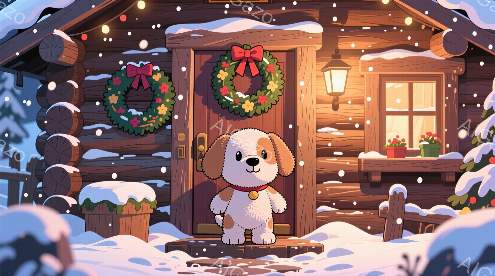 小さな子犬が雪に覆われた丸太造りの家の前に立っています。子犬は赤いセーターを着ており、穏やかな表情で正面を見ています。背景には雪が降り積もり、家の窓からは暖かい光が漏れ、クリスマスのリースが飾られています。