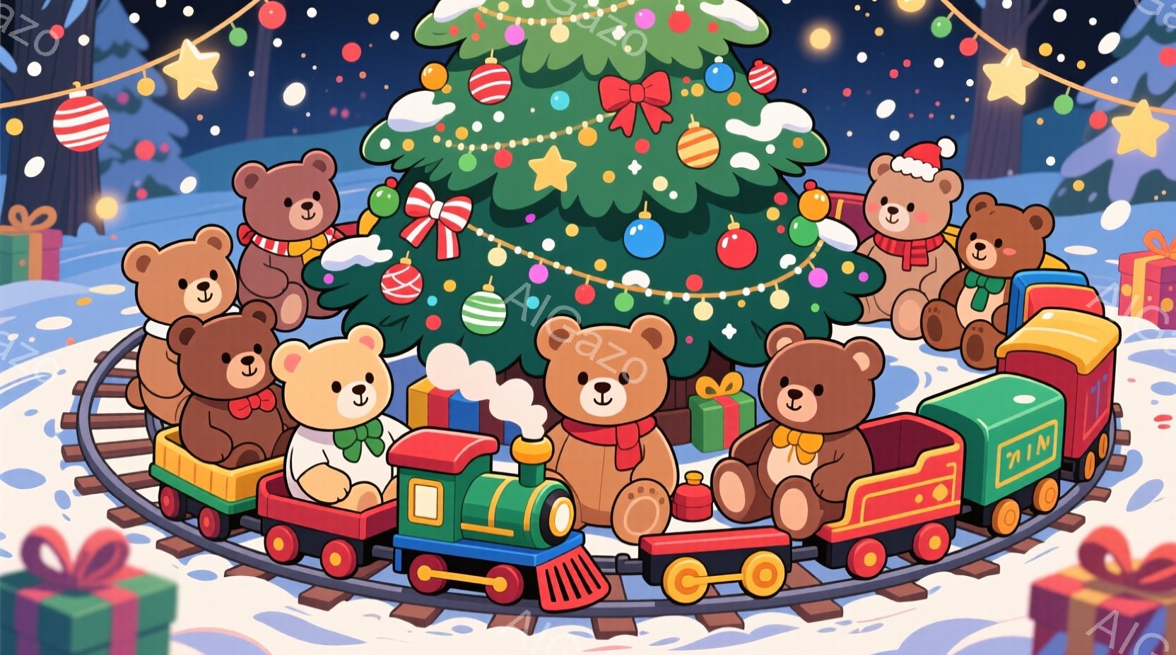 クリスマスツリーを背景に、可愛らしいクマの列車が描かれています。クマたちはそれぞれクリスマスらしい服装を身に着け、楽しそうな表情をしています。雪が舞う冬の背景には、プレゼント箱が置かれ、全体的に温かく - AI生成フリー素材