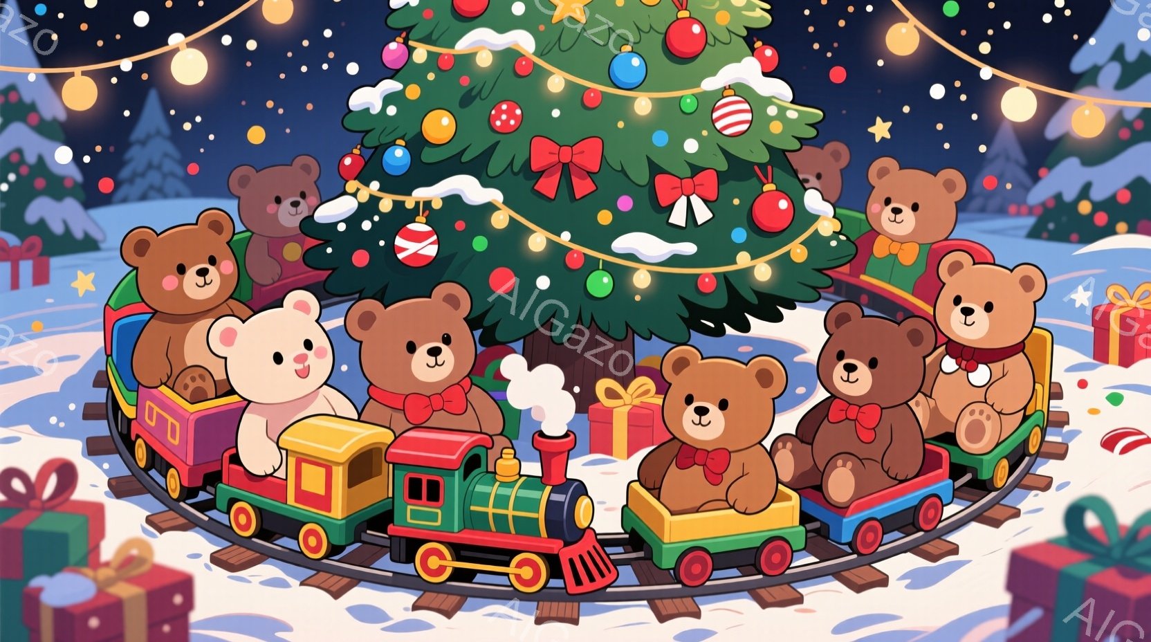 クリスマスツリーを背景に、クマのキャラクターたちがカラフルな列車に乗って楽しんでいる様子が描かれています。クマたちは赤いリボンや蝶ネクタイをつけ、笑顔で列車の窓から外を見たり、手を振ったりしています。 - AI生成フリー素材