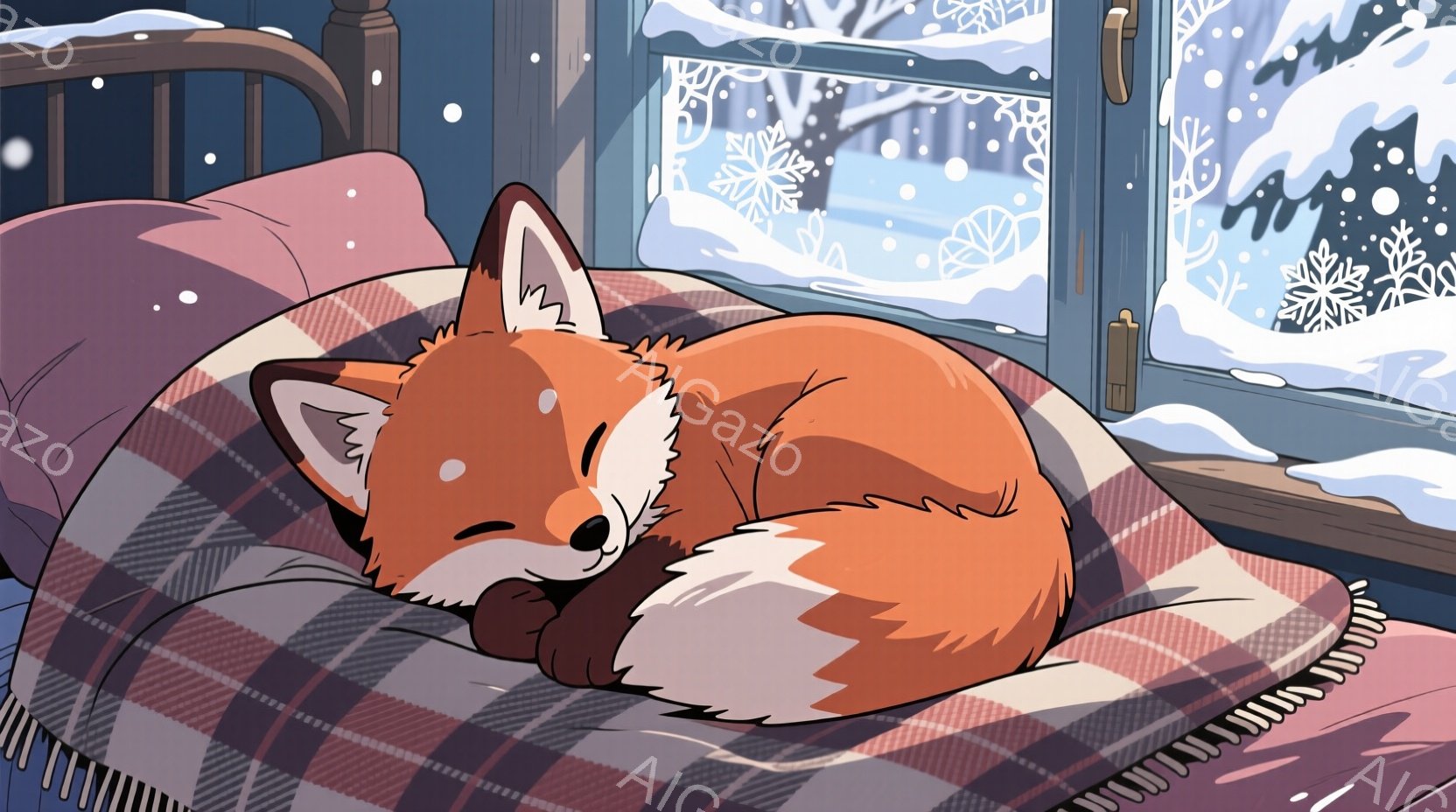 温かいチェック柄の毛布に丸まって眠るオレンジ色の狐が描かれています。窓の外には雪が降り積もり、窓枠には美しい雪の結晶模様が施されています。部屋全体が静かで穏やかな雰囲気を醸し出しており、冬の暖かさを感じさせます。