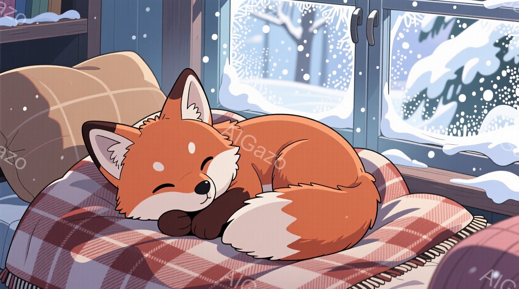 温かい毛布の上に丸まって眠っているオレンジ色の狐が描かれています。窓の外には雪が降り積もり、木々が見える冬の風景が広がっています。室内は暖かく、穏やかな雰囲気が漂い、狐は安らかに眠っている様子です。 - AI生成フリー素材